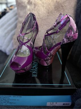 Purple Snake-Print Peep-Toe Platform Heels